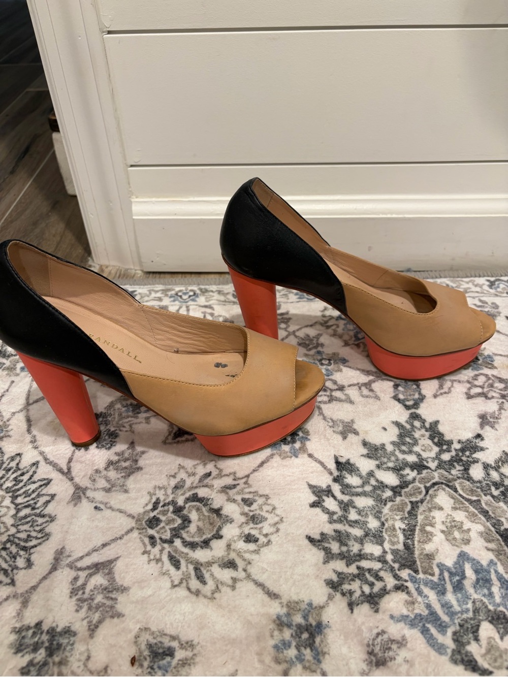 Loeffler Randall Black Tan Coral Colorblock Peep-Toe Platforms